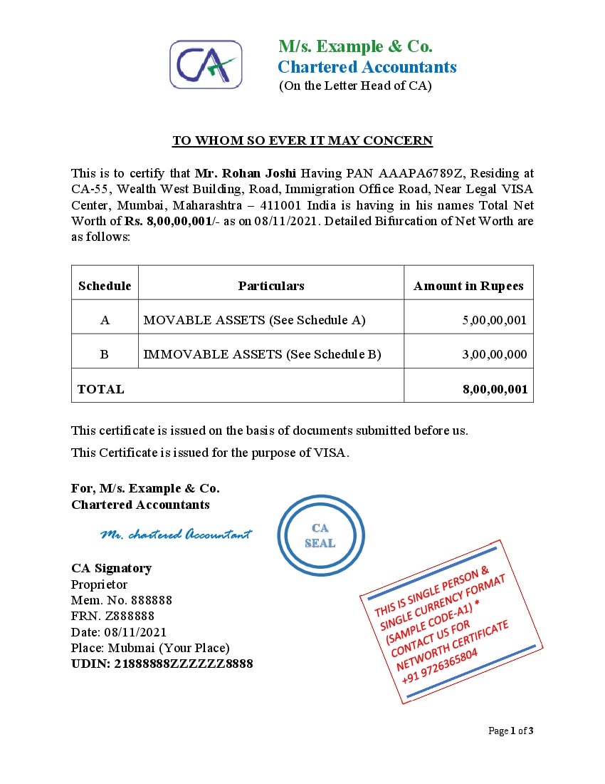 sample of net worth certificate