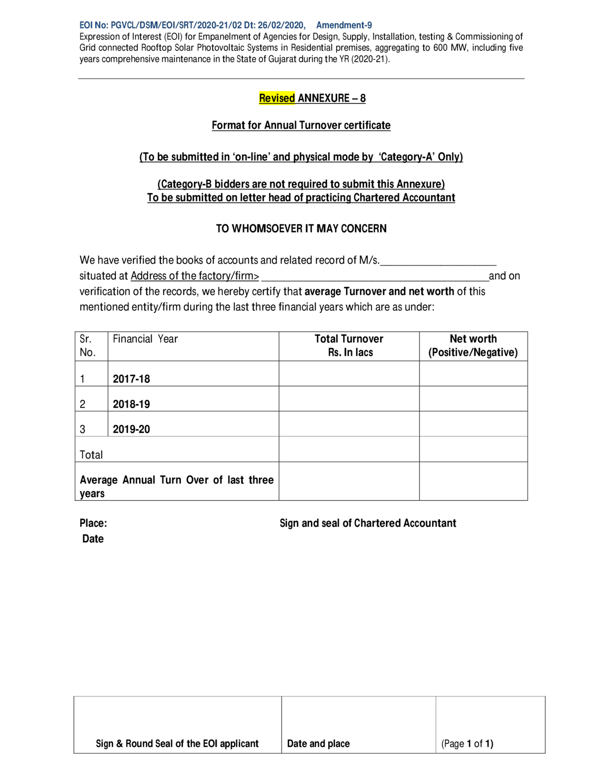 turnover certificate sample