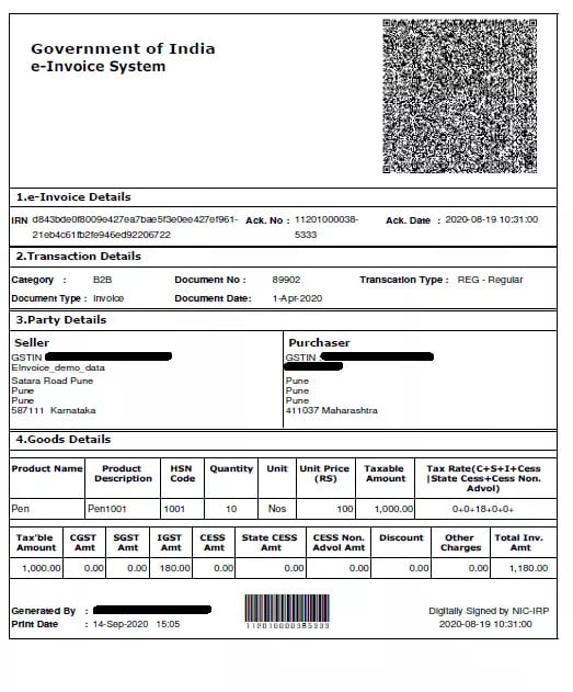 format of sample e-invoice under gst