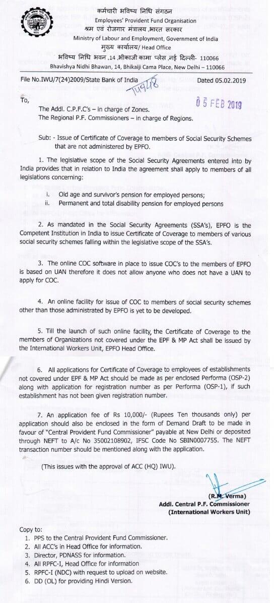 issue of certificate of coverage
