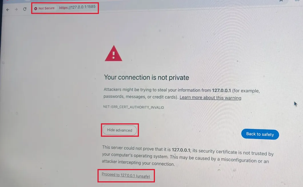 Chrome Your connection is not private warning for https://127.0.0.1:1585 on a Mac, with Advanced and Proceed to 127.0.0.1 (unsafe) highlighted for the GST emSigner