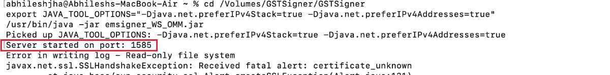 Mac Terminal running emsigner_WS_OMM.jar with Java showing Server started on port: 1585