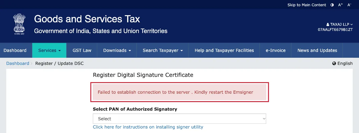 GST portal Register DSC page on a Mac showing the error Failed to establish connection to the server. Kindly restart the Emsigner