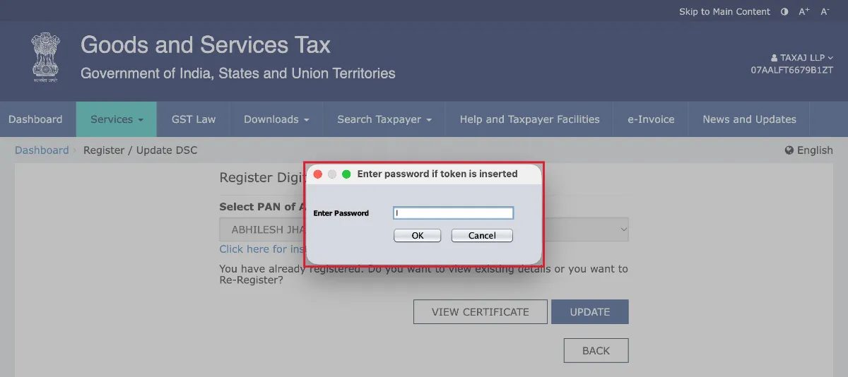GST portal on a Mac showing the emSigner window Enter password if token is inserted